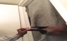 Verbal young guy getting sucked thru a glory hole