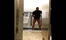 Monster black cock jerking off in public restroom