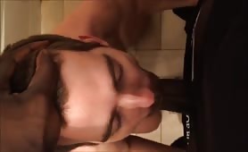 white faggot sucks bbc and takes facial in public toilet