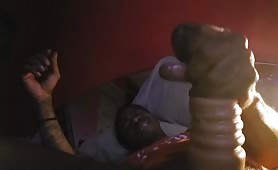 Black dude with a huge cock plays with pocket pussy