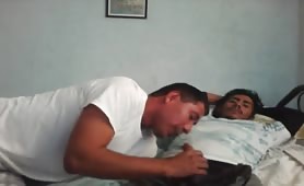Horny latin worker sucks his roommate's cock