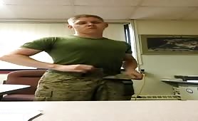 Army guy strips and jerks in his office