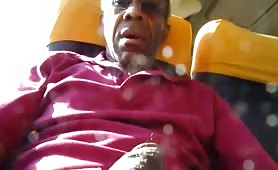 Horny black dad jerking off in a tour bus