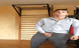 Verbal handsome young dude masturbating solo