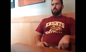 Big fat bear rubbing his cock in a coffee shop