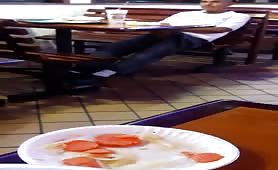 caught str8 latino showing erect didck under his pants in a restaurant