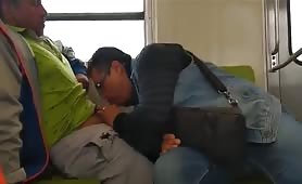 Horny mature latinos sucking and jerking on the metro