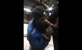 Homeless jerking off in public and sucking a huge cock