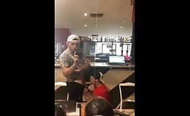 Straight guy getting head from the gay dude he works with at the restaurant