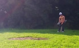 Young dude getting caught jerking off at the park