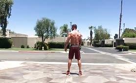 Naked Muscle man cums in Public
